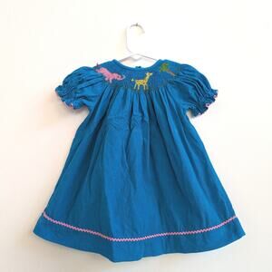 Viva La Fete Dress Baby Girls Sz 12m Blue Smocked Corduroy Animals Boutique